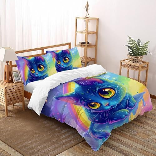 Sobushab Cute Katzes Bettwäsche Double?200x200cm? 100% Mikrofaser 3 Teilig Wildtier Bettbezug Mit Mal 2 Kissenbezüge Bettdeckenbezüge Set Mit Reißverschluss