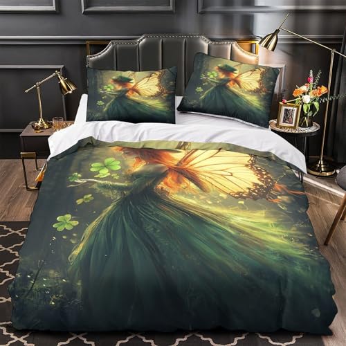 RJAVAGFZL Fee mit Kleeblättern 3D-Bedruckt 3er-Set Bettbezug Fantasy Kuschelbezug Mikrofaser Reißverschluss Hypoallergen für Kleinkinder Jugendliche Mädchen Single?140x200cm?