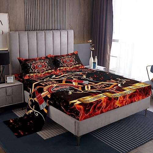 Bettwäsche-Set mit Feuerwehr-Thema, Queen-Size-Set, brennende Flamme, für Erwachsene, Schlafzimmer, Dekoration, Feuerwehrmann-Schild, Mikrofaser-Bettwäsche-Se t mit flachem Spannbetttuch, 2