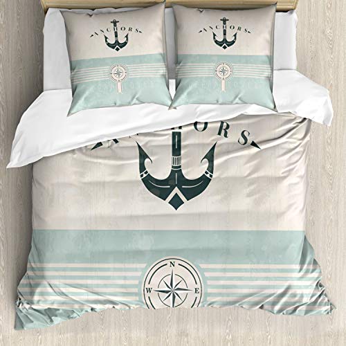 ABAKUHAUS Nautisch Bettwäsche Set für Doppelbetten, Altmodisch Maritim Anker, Weicher Microfaserstoff Allegigeignet kein Verblassen, Seafoam Black Beige