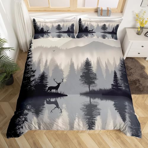 Homewish Bettwäsche Set 135x200 Elch Elch Hirsch Silhouette Bettbezug Woodland Foogy Lake House Tröster Abdeckung für Frauen Männer Anlters Rentier Wild Safari Tier Bett Set Jungle Pine Tree Botanical