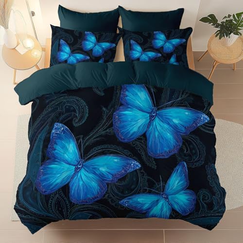 Dunkelgrün Bettwäsche Elegant Glänzend Tier: Schmetterling Theme Muster 3 Teilig Kinderbettwäsche Set, Weiche Atmungsaktive 200 x 200 cm Gebürstete Mikrofaser Reversibel Bettbezug mit Reißverschluss