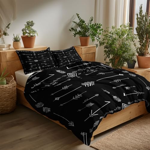 155 x 220 cm Bettwäsche-Sets Schwarz, Minimalismus Linien Pfeile Bettwäsche Weiche Mikrofaser Allergiker 3 Teilig Bettbezug mit Reißverschluss, Deckenbezug für Jugendliche Teenager Erwachsene