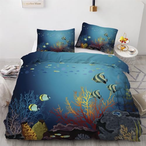 ROUSKI Bettwäsche Fisch 135x200 cm 2teilig 100% Mikrofaser Kinderbettwäsche Ozean Thema Wendebettwäsche mit Reißverschluss 3D Motiv Zimmer Dekor Bettwäsche-Sets mit Kissenbezüge 80x80