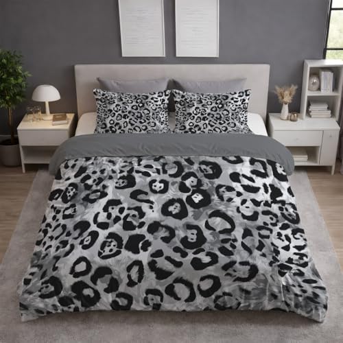 Generisch Wendebettwäsche Set 155 x 220 cm – Bettwäsche Leopard Flecken Natur aus angerauter Mikrofaser, Bettbezug mit Reißverschluss, weich & atmungsaktiv, pflegeleicht, Grau