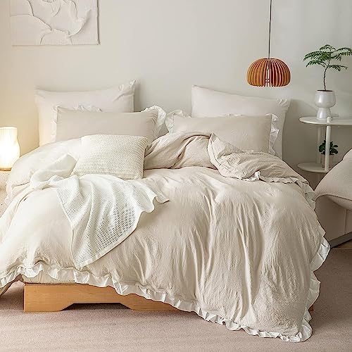 Lanqinglv Bettwäsche 155x220cm Beige Weiß mit Rüschen,aus 100% Weiche Microfaser - Wende Bettbezug 155x220cm + 1 Kissenbezug 80x80cm,mit Reißverschluss