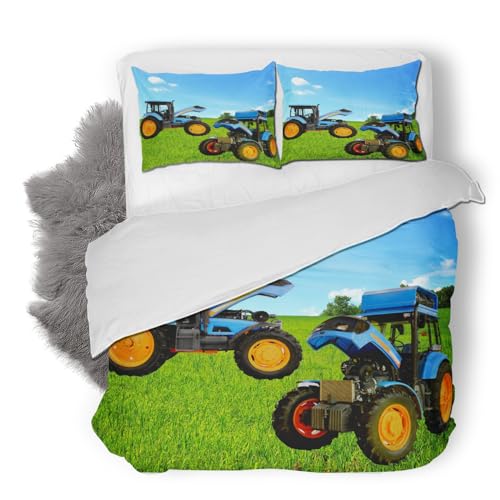 Traktor Bettwäsche Set 135x200 cm Weiche Mikrofaser Jungen Bettwäsche-Set mit Reißverschluss 3 Teilig Bettbezüge mit 2 Kissenbezug 80x80 cm
