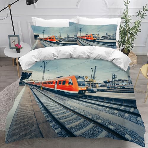 RCKLCY Kinder Bettwäsche 135×200 3D Effekt 3 teilig Fahrender Zug Bettwäsche-Sets Mikrofaser mit Reißverschluss Express Zug Jungen Mädchen Soft Bettbezug Bunt Modern mit 2 Kissenbezug 80x80 cm