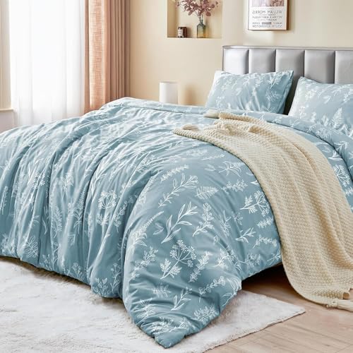 TMMDH Bettwäsche 155x200 cm 3teilig Set, Hellblaue Blume Mikrofaser Bettbezug Set Bügelfrei & Knitterfrei mit Reißverschluss und 2 Kissenbezug 80x80 cm