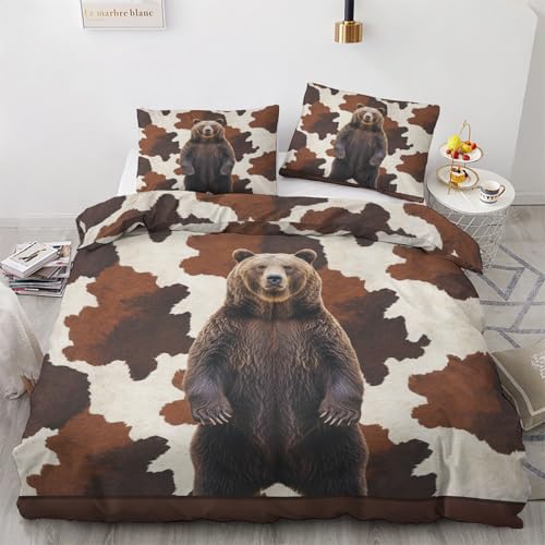 Bettwäsche 200x200 Rustikale Hütte - Bär Wildtier Bettbezug 200x200 3 Set, Wendebettwäsche und 2 Kissenbezug, Weiche Mikrofaser Bettwäsche-Sets mit Reißverschluss, Braun Beige Schlafzimmer Deko