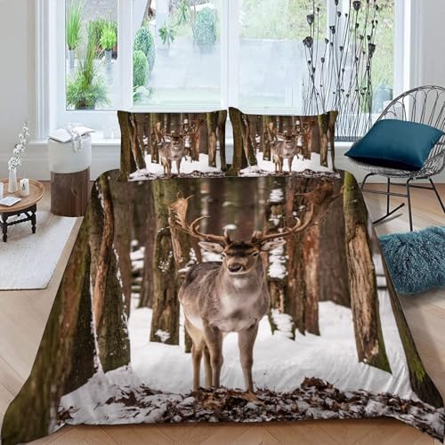 MOXINO 3D Elch Bettwäsche 200x200 cm 3teilig Hirsch Bettwäsche für Teenager Leicht Mikrofaser Bettbezug Sommer Weiche Bettbezüge mit 2 Kissenbezüge 80x80?Muster 34-18?