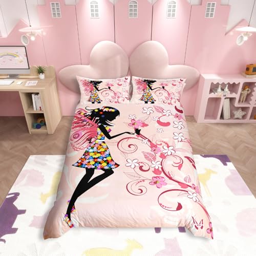Mädchen Schmetterling Fee Bettwäsche, 140 x 200 cm, schick, niedlich, floral, luxuriös, dekorativ, luxuriös, Blumen, Rosen, Bettbezug, Botanisch, Zweige, 2-teilig