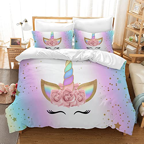 HZVRTN Kinder Bettwäsche Einhorn Bettwäsche Set für Mädchen, Soft Mikrofaser Bettbezug mit Reißverschluss Kissenbezug, 3D Einhorn Cartoon Bettwäscheset