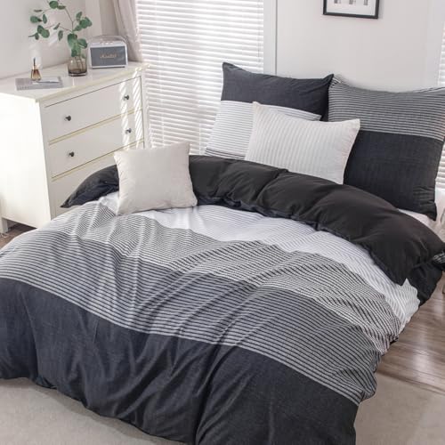 Nesture Bettwäsche 155x220 Schwarz, Bettwäsche-Sets mit Gestreift Muster Microfaser Bettbezug 155 x 220cm 2 Teilig bügelfrei & weich - 1 Wendebettwäsche und 1 Kissenbezug 80x80 mit Reißverschluss