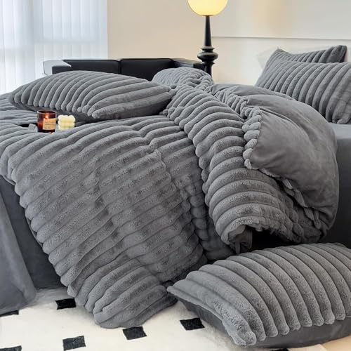 Covebett Plüsch Bettwäsche 220x240 Grau Dunkelgrau Winter Warm Shaggy Cashmere Touch Flauschig Plüschbettwäsche Gestreift Felloptik Luxus Wende Bettbezug Reißverschluss und 2 Kissenbezug 80x80 cm