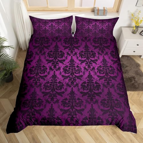 Homewish Gotische Bettwäsche Sets Erwachsene Schwarz Damast Bettbezug Set,Viktorianische Tröster Bezug 135x200 Vintage Barock Goth Bett Set Antik Schwarz Floral Böhmische Dekor,Lila