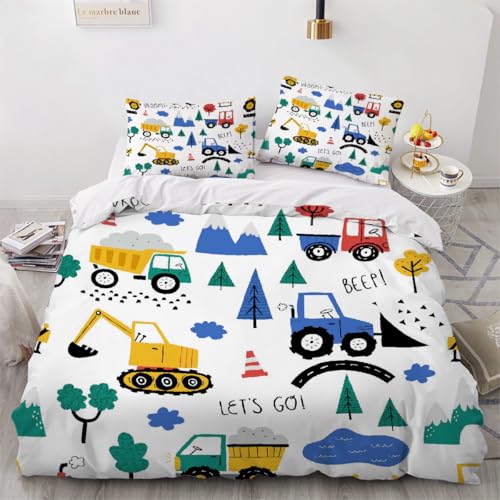 Generisch 3D Cartoon Traktor Bettwäsche 200x200 cm 3teilig Cartoon LKW Bettbezug mit Reißverschluss 100% Mikrofaser Leicht Atmungsaktive Bettwaren Set mit 2 Kissenbezüge 80x80?Muster 45-19?