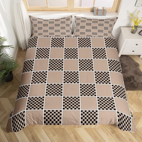 Homewish Geometrisches Plaid Bettwäsche 155x220cm Beige Schwarzes Braunes Schackraster bettbezug Set, Moderne Geometrische Buffalo Plaid Bettwäscheset Ästhetisches Schachbrett Kinder bettset 2 teilig