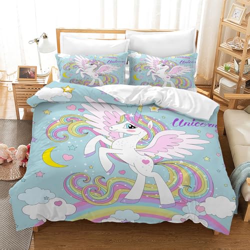PQCXXA Kinder Einhorn Bettwäsche Mädchen-Bettwäsche Set Rosa 3D Cartoon Einhorn Bunt Blume drucken Bettbezug Set mit Reißverschluss und Kissenbezug 50x75cm (Blau C, 135x200cm)