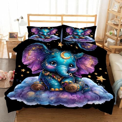 YZQGLHP Kleiner Elefant vor Sternenhimmel Bettwäsche 155x220cm, Wolken und Sterne Bettbezug Wendebettwäsche, Weich Mikrofaser Bettwäsche-Sets mit Reißverschluss und 2 Kissenbezüge 80x80cm