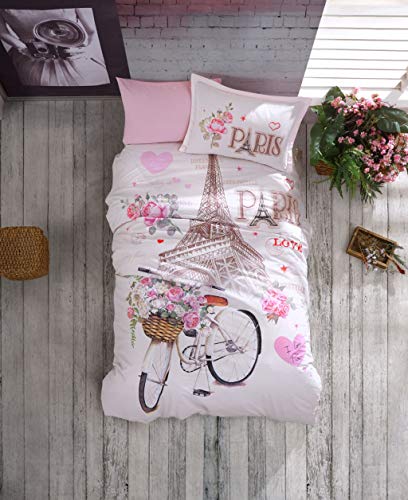 ZIRVEHOME Bettwäsche 135x200 cm. Paris Love, 100% Baumwolle/Renforcé, Reißverschluss