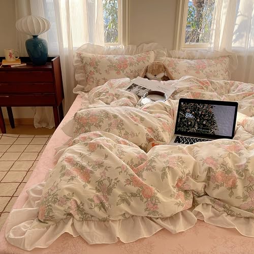 GETIYA Rosa Blumen Bettwäsche 135x200 Baumwolle Bettwäsche mit Rüschen Mädchen Damen Bettbezug Blumen Blümchen Bettwäsche Weiß Rosa Wendebettwäsche Einzelbett mit 1 Kissenbezug 80x80