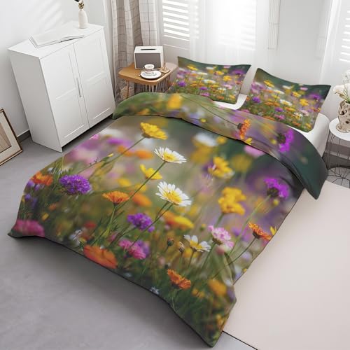 Generisch Wildblume Bettwäsche 135x200, Botanisch Wendebettwäsche, Landhaus Motiv Bettbezug mit Reißverschluss, Weiche Mikrofaser Bettwäsche Sets 2 Teilig mit 1 Kissenbezug 80x80 Y44g