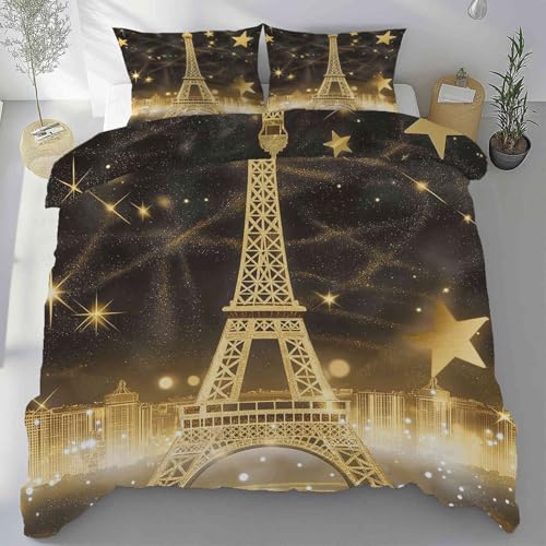 Gaqinhh Ikonische Turmsilhouette Bettwäsche Set 135x200cm, Gold Mikrofaser Bettwäsche 3teilig, Wendebettwäsche mit Reißverschluss und 2 Kissenbezüge 80 x 80 cm