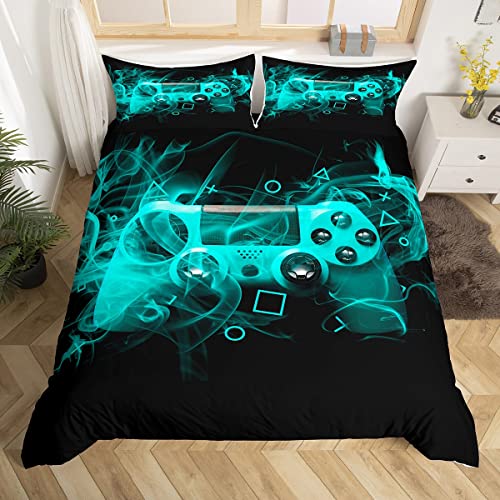 Loussiesd Jugendliche Gamer Bettbezug Set Blau Schwarz Geometrie Gaming Bettwäsche Set 135x200cm Gamepad Bettbezug Jungen Mädchen Videospiel Controller Jugendspielkonsole Betten Set