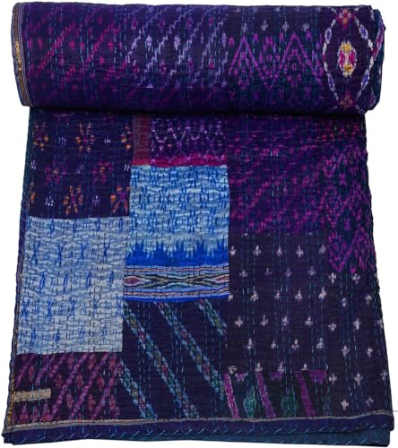Marusthali Seidendecke, indische Bettdecken, Vintage Bettüberwürfe, handgefertigt, Kantha, indische Steppdecken, Seiden Bettwäsche, Tagesdecke, Seide, Kantha Bettbezüge (Blau, Kingsize Bett: 274 x 274