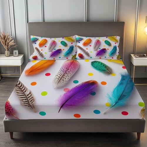 Spannbetttuch mit 30 cm Steghöhe 90 x 200 cm, Modern Tier Punkte Feder Spannbettlaken für Kinder Jungen Mädchen Jugendliche - Ultra weich Microfaser Weiß Bettlaken Bettwäsche