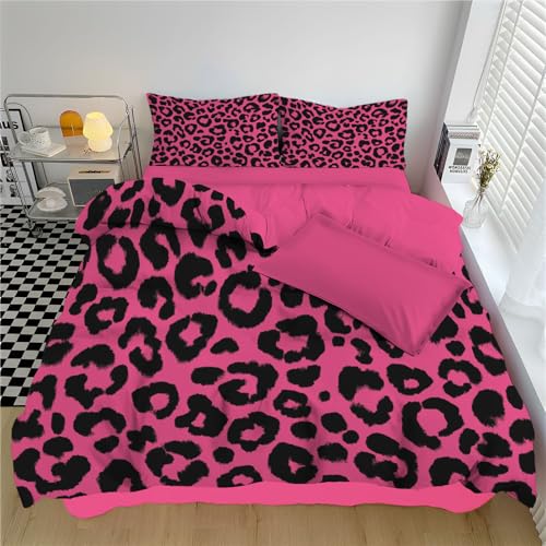 WunM Studio Bettwäsche 135 * 200cm Rosa Leopardenflecken Bettbezug Set 2 Teilig Rosa Leopardenmuster Blümchen Blumenmuster Weich Bettwäsche-Sets mit 1 Kissenbezüge 80x80 cm und Reißverschluss