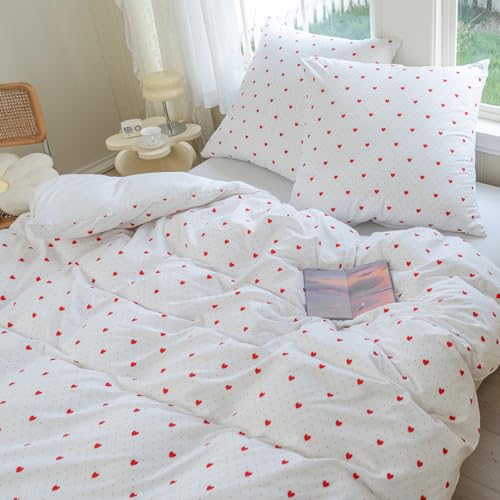 Nesture Bettwäsche 155x220 Mädchen Weiß Rot Herzen, Kinder Bettwäsche-Sets Microfaser Bettbezug 155 x 220cm 2teilig bügelfrei & weich - 1 Wendebettwäsche und 1 Kissenbezug 80x80 mit Reißverschluss