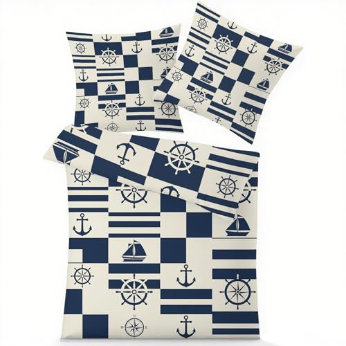 GEDAEUBA Maritim Bettwäsche 135x200 - Nautische Anker Segelboot Bettbezug, Wendebettwäsche und Kissenbezug 80x80, Weiche & Angenehme Mikrofaser Bettwäsche-Sets mit Reißverschluss