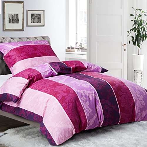 HENGWEI Bettwäsche-Set 135x200 cm, 100% Baumwolle Oeko-TEX Zertifiziert, Atmungsaktiv & kuschelig, mit Reißverschluss Bettbezug 135x200 + Kissenbezug 80x80, Lila Blumen Streifen 120 g/m²