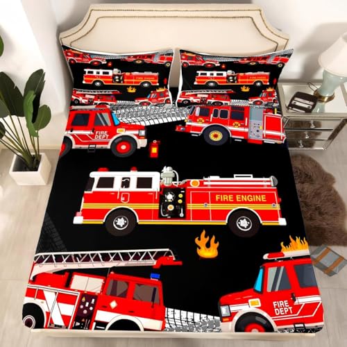  Spannbetttuch, Doppelbettgröße, Cartoon Feuerwehrauto Bet twäsche, 2 teilig, für Kinder, Jungen, Teenager, Mädchen, Raumdekoration, rotes Feuerwehrauto, Bettlaken, modisch, Schwarz/Grau,