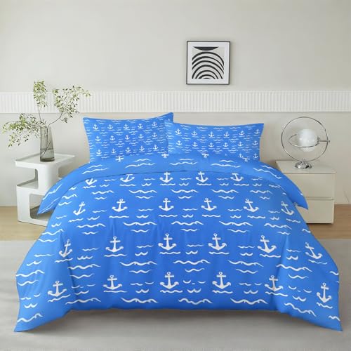 Generisch Bettwäsche Nautisches Thema Anker 200 X 200 cm & 2 Kissenbezug 80 X 80 cm, 3 Teiliges Mikrofaser Bettwäsche Set, Wendebettwäsche Blau Mit Reißverschluss