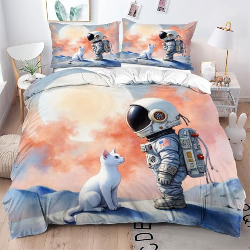 ZZXHG Bettwäsche 155x220 Mikrofaser 3teilig 3D-Astronaut Jugend, Bettbezug Set für Kinder Einzelbett, Atmungsaktiv Bettbezüge mit Reißverschluss und 2 Kissenbezüge 80x80cm_A4966