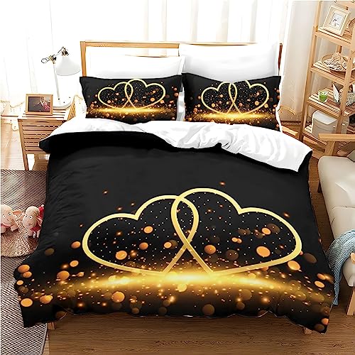 Freyamy 3D Herz Bettwäsche 135x200cm 2teilig Schwarz Gold Herzmotiv Liebe Luxus Bettwaren-Sets Mikrofaser Weiche Kinderbettwäsche Mädchen Bettbezug mit Reißverschluss und Kissenbezug 80x80cm