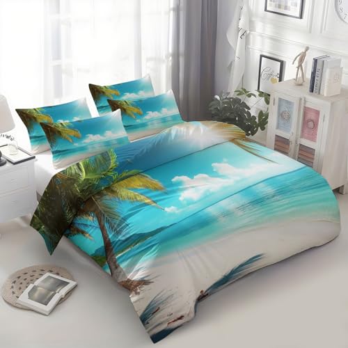 XCQHZYQ Türkis Bettwäsche Set für Erwachsener Teen 200x200 cm, Küste Himmel Urlaub Meer Wendebettbezug, Polyester Aesthetic Bettwäsche für Doppelbett, Deckenbezug mit 2 Kissenbezug