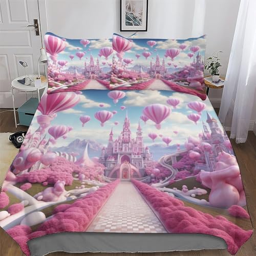 AAPZY Pink Schloss Bettwäsche Weich 3teilig Bettbezüge Atmungsaktiv, Bügelfrei, Bettbezug Set Mit Kissenbezug Mikrofaser Angenehme Bettdeckenbezug Für Jungen Mädchen King (220x240cm)