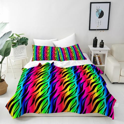 ANHOPE Bunte Regenbogen Tiger Pelz Bettwäsche Set 3 Teilig Bettbezug 260x220 cm + 2 Kissenbezüge 50x70 cm Weich Microfaser Bettbezüge mit Reißverschluss