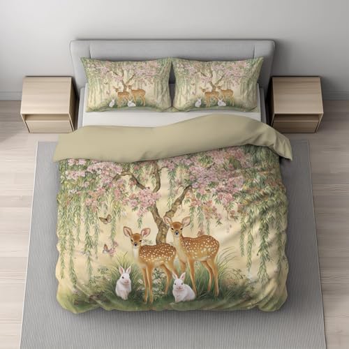 Generisch Hellbraun Weiß Flauschige zweiseitig Bettwäsche Set- Chinesischer Stil Hirsch Kaninchen- Bettwäsche kuschlig weich Bügelfrei Microfaser Schrumpf Bettbezug (200×200) mit Reißverschluss