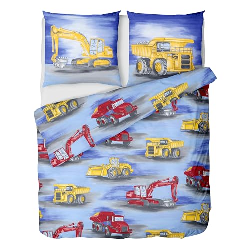 LINKHOFF Bagger Bettwäsche Set 135x200 für Kinder - Kinderbettwäsche 135x200 Jungen mit Baustellenfahrzeuge - Renforce Baumwolle - Kissen + Bettbezug