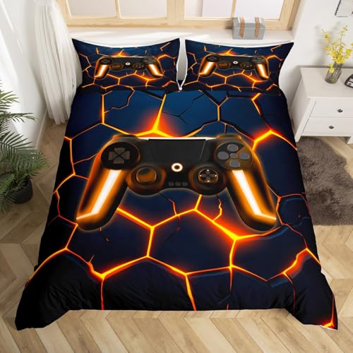 Homewish Gaming Bettbezug für Jungen 135x200cm Gamer Bettwäsche für Kinder Männer Teenager,Dunkelblau Gold Waben Geometrisches Bettset Bienenstock Sechseck Videospiel Gamepad Bettwäscheset Raumdekor