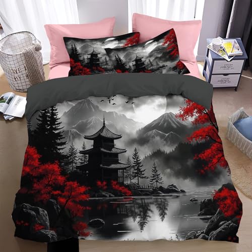 Bettwäsche 135*200cm Dunkelgrau Temple Pine Forest Bettbezug Set 2 Teilig Nebel hüllt die Berge ein Blümchen Blumenmuster Weich Bettwäsche-Sets mit 1 Kissenbezüge 80x80 cm und Reißverschluss