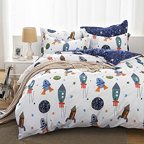 Qucover Bettwäsche Kinder 135x200cm Baumwolle Kinderbettwäsche Jungen Bettbezug mit Reißverschluss Wendedesign Weiß Blau Rakete Sterne Planeten Muster mit Kissenbezug 80x80cm