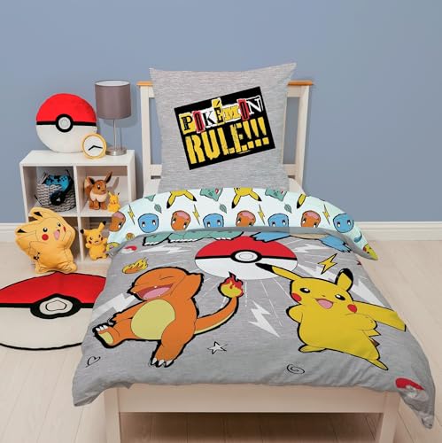 Pokémon Kinderbettwäsche Set 135x200 cm + 80x80 cm für Winter - Kuschelig weich mit Reißverschluss atmungsaktiv -100% Baumwolle mit Pokemon Motiv - Öko-Tex Zertifiziert - Pflegeleicht & farbecht
