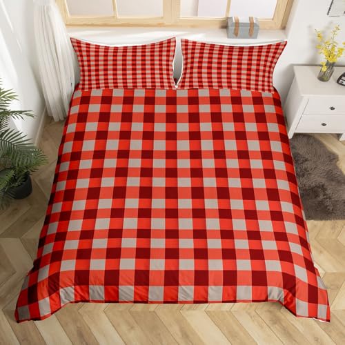 Homemissing Kariertes Bettbezug-Set für Kinder, Jungen, Mädchen, geometrisches Gitter, Büffelkariert, Bettbezug mit 1 Kissenbezug, rotes Gingham-Bettwäsche-Set