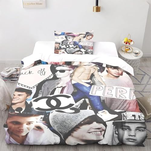 GeRRiT Justin Bieber Bettbezug 2- oder 3-teiliges Spiele-Bettwäsche-Set aus Mikrofaser, für Schlafzimmer, Dekor, 3D-Druck, Bettwäsche-Set mit Kissenbezügen (Biebe 2, Einzelbett 135 x 200 cm)